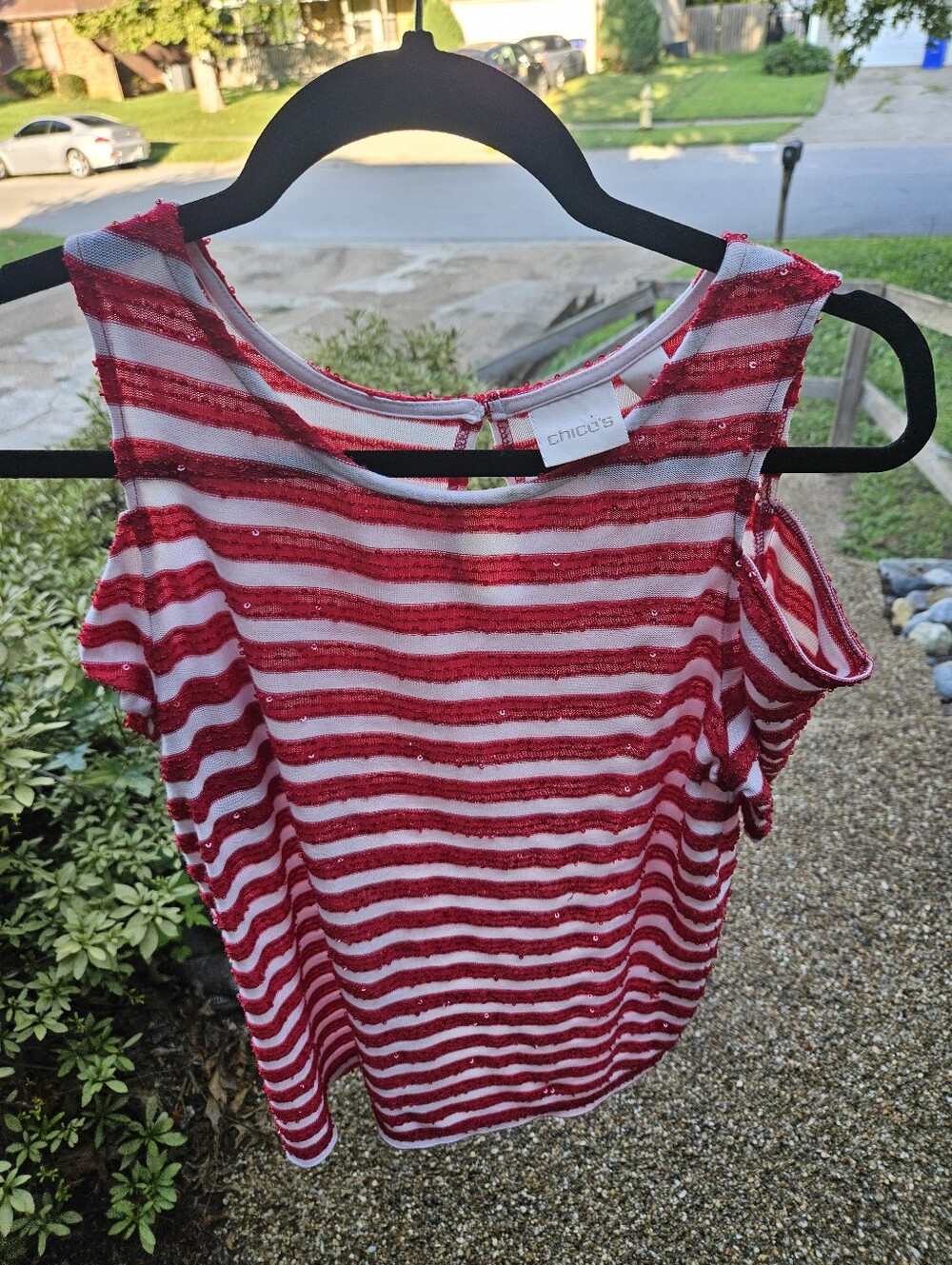 Chico's Red/White Striped Cold Shoulder Top